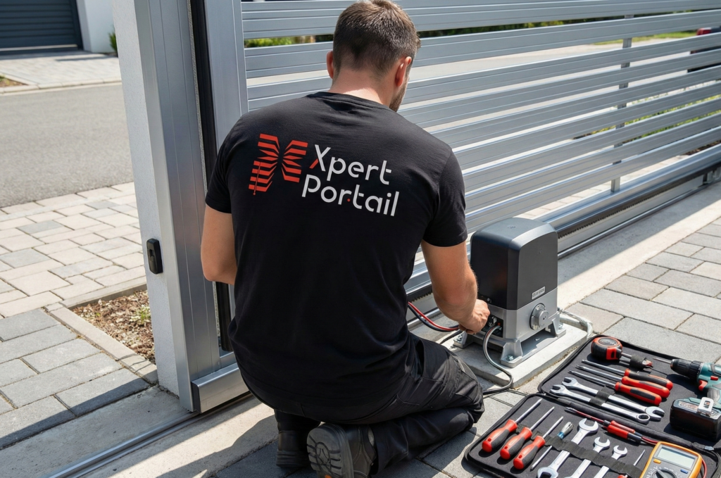Technicien Xpert Portail installant une motorisation de portail électrique